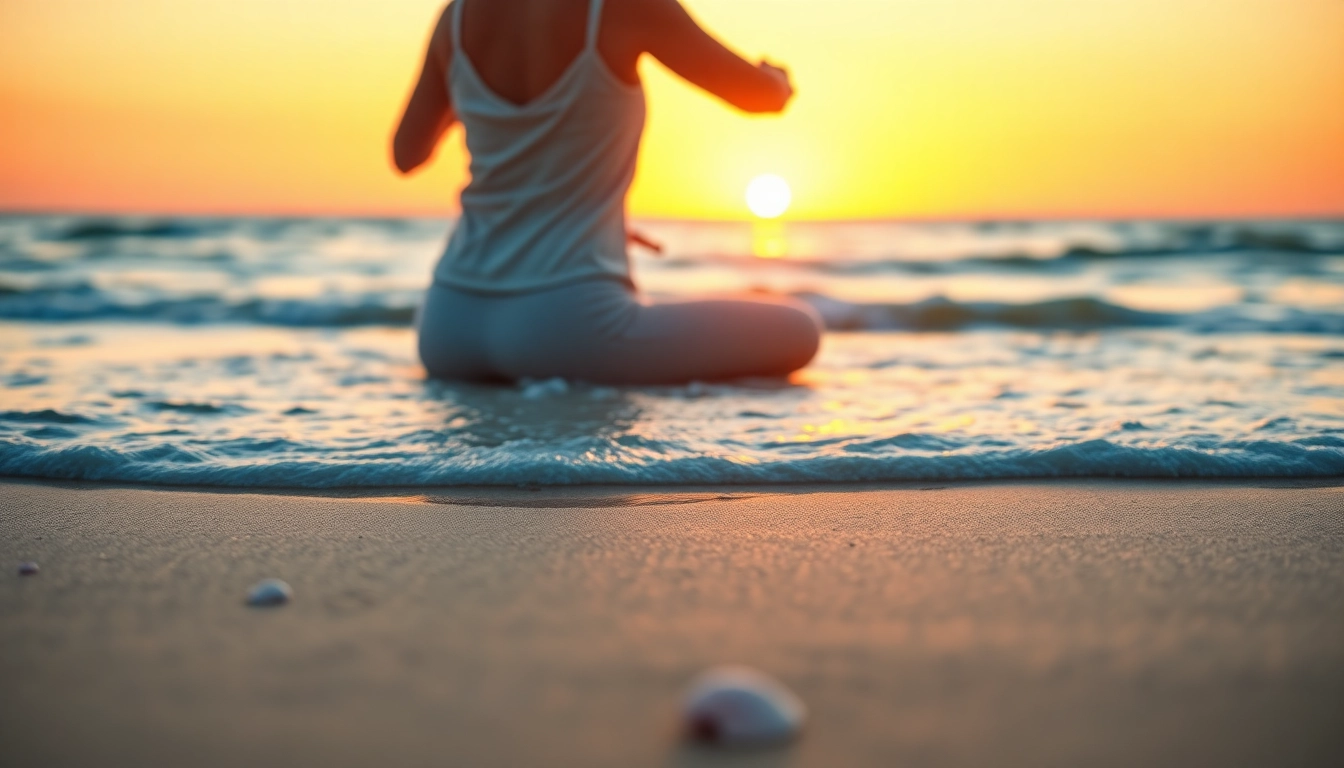 Practicing yoga on a beach while dealing with anxiety through relaxation techniques.