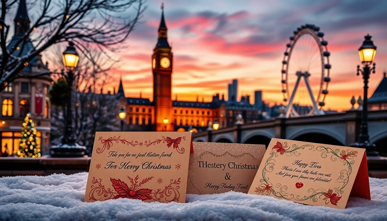 Brilliant custom Christmas cards London featuring festive icons and designs in a snowy setting.