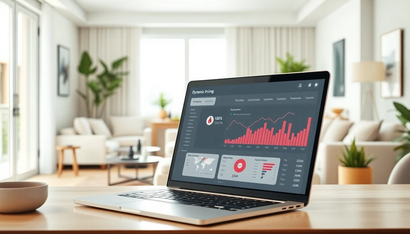 Optimize dynamic pricing Airbnb strategies with a sleek laptop dashboard in a stylish apartment.