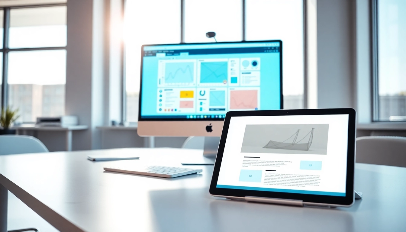 Showcase innovative website design with desktop featuring colorful wireframes and responsive mockup.