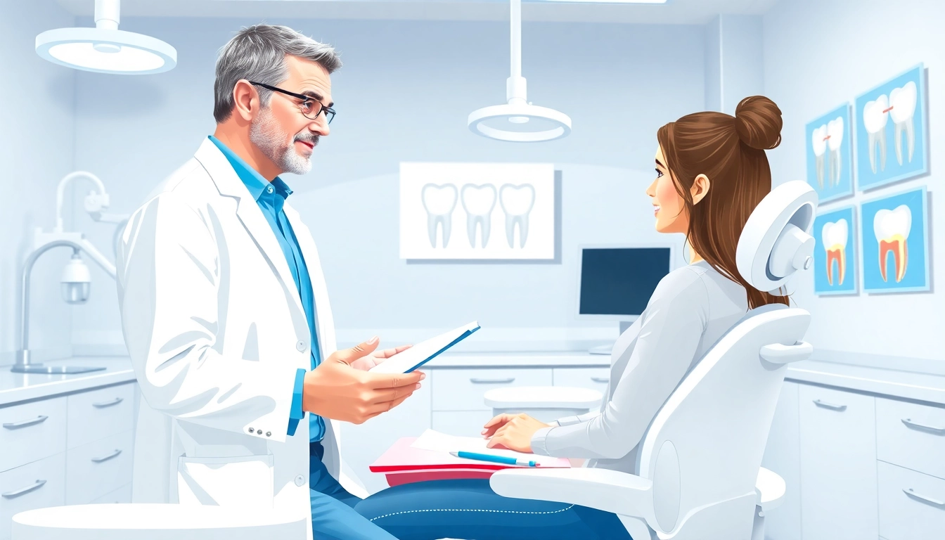 Dental bridges procedure illustration showing a dentist explaining to a patient in a light-filled clinic.