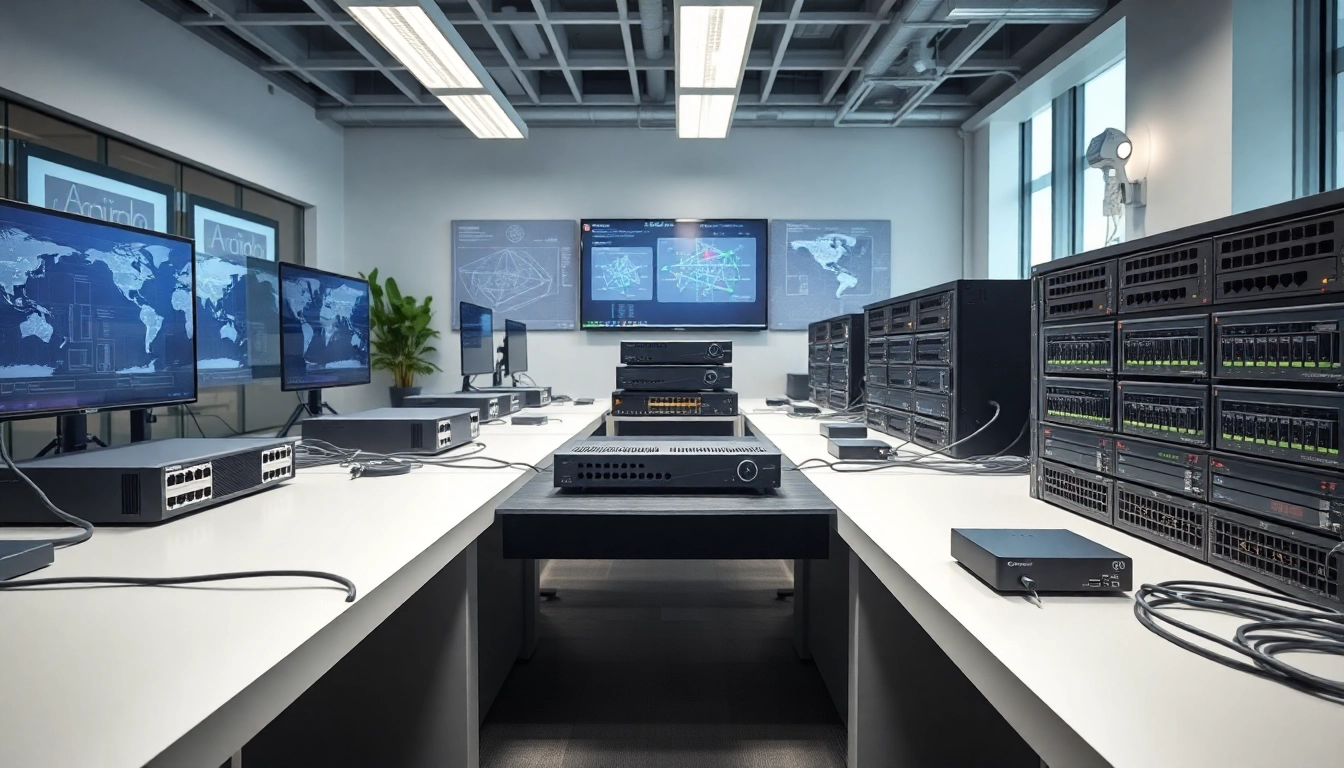Illustration of network infrastructure setup showcasing interconnected devices in a modern office.