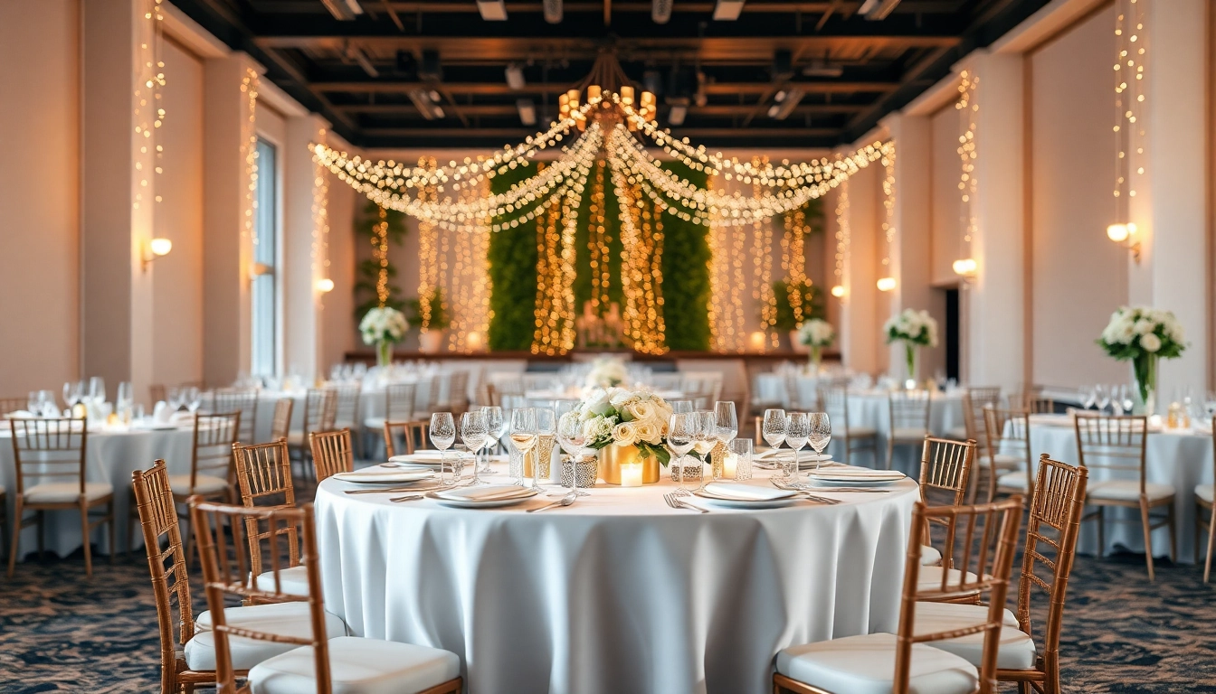 Stylish setup of a wedding reception in a city venue event center with elegant decorations.