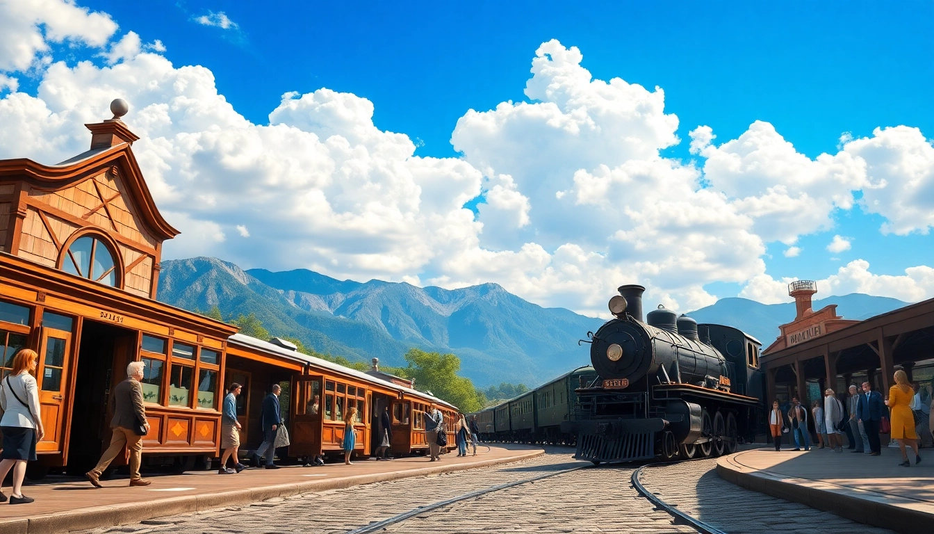 Experience the thrill of railroad tycoon download with a vibrant train station scene featuring a classic steam locomotive.