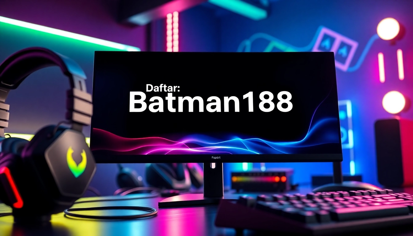 Registrasi untuk daftar batman138, menampilkan monitor permainan dan aksesori gaming yang dinamis.