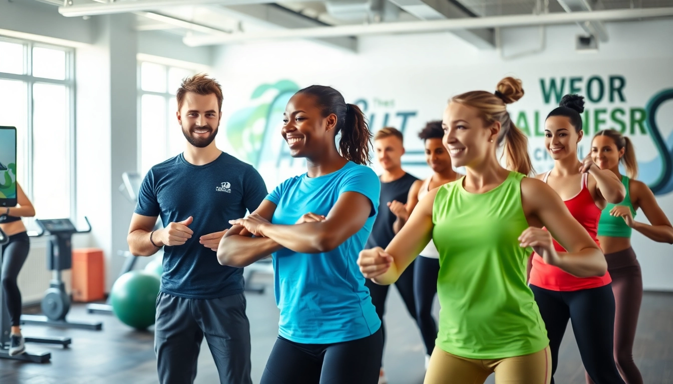 Engaged individuals participating in a weight management system fitness class, led by a personal trainer.