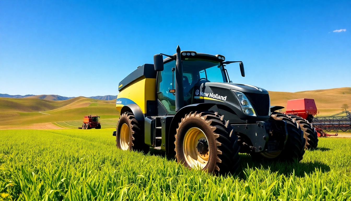 New Holland Traktoren arbeiten auf einem lebhaften Bauernhof mit sattem Grün im Hintergrund.