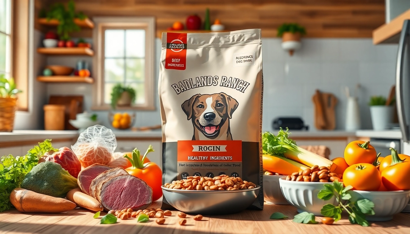 Showcasing badlands ranch dog food bag surrounded by fresh ingredients in a bright kitchen setting.