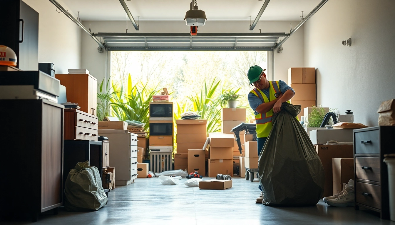 Efficient garage junk removal and disposal with a worker clearing clutter in a bright garage.