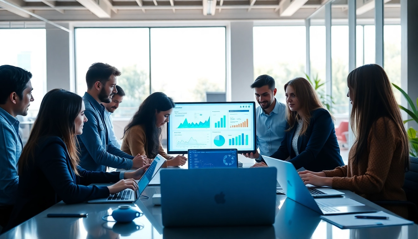 Collaboration on an AI content marketing platform in a modern office environment.
