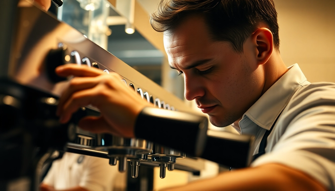 Cimbali tamiri services by expert technicians on an industrial espresso machine, showcasing precise repair work.