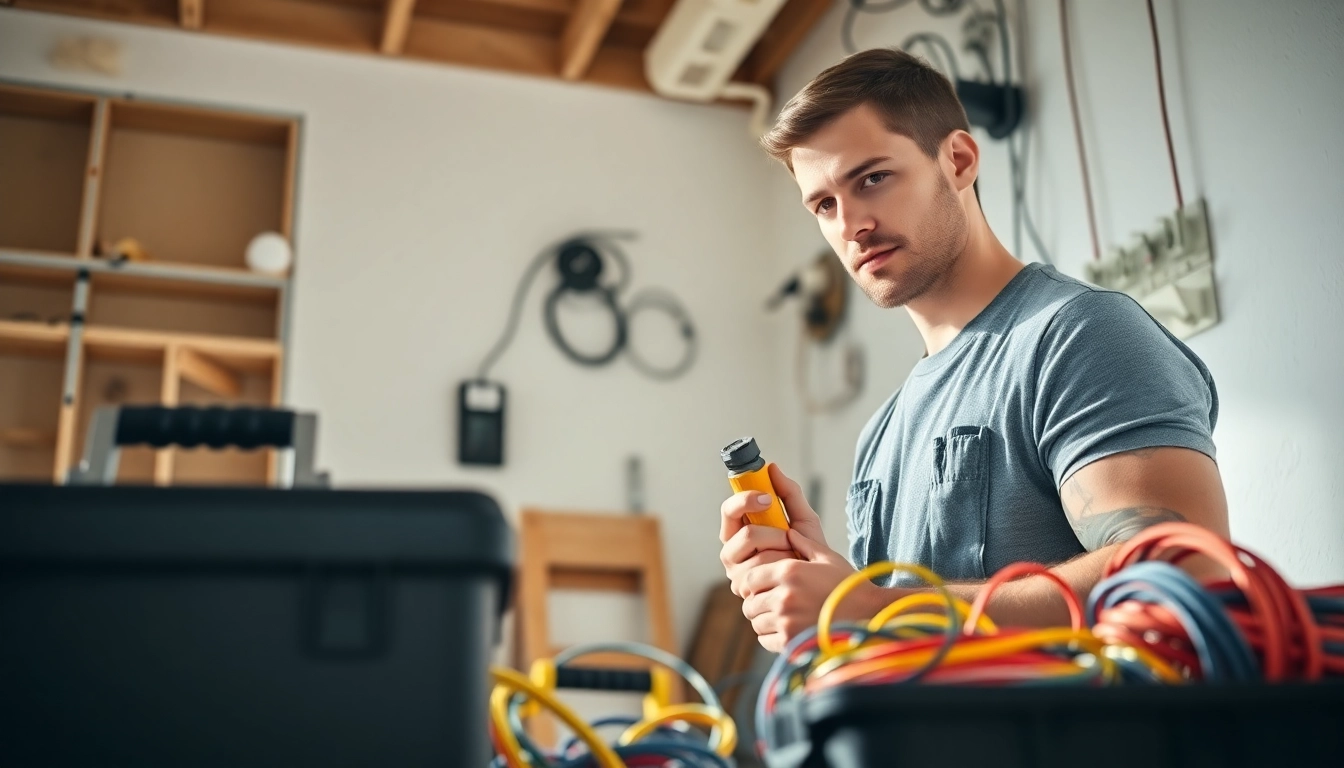 Electrician Clearwater repairing residential wiring with tools in a professional setting.