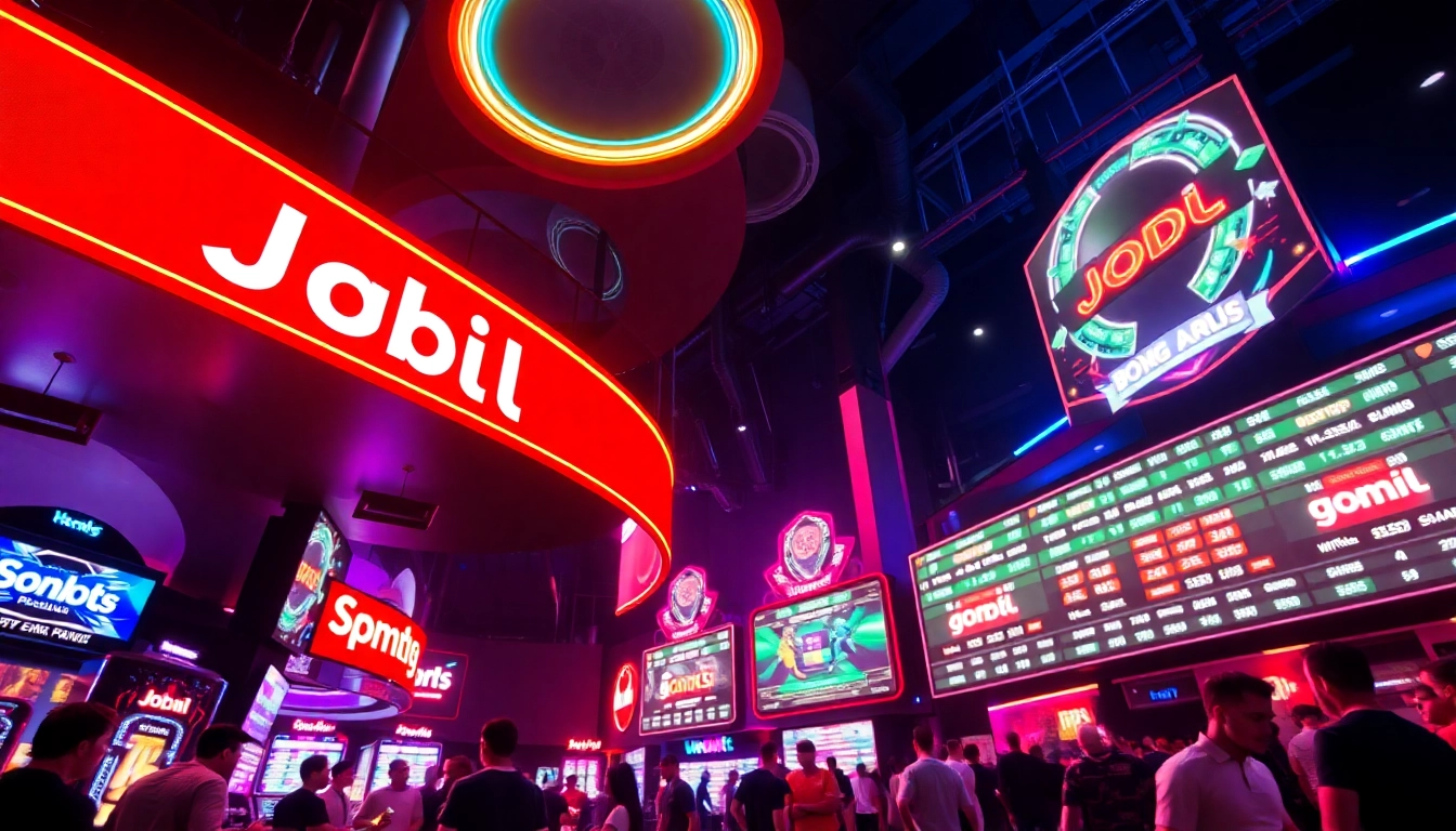 Engaging judi bola betting scene with vibrant neon lights and energetic crowds in a futuristic setting.