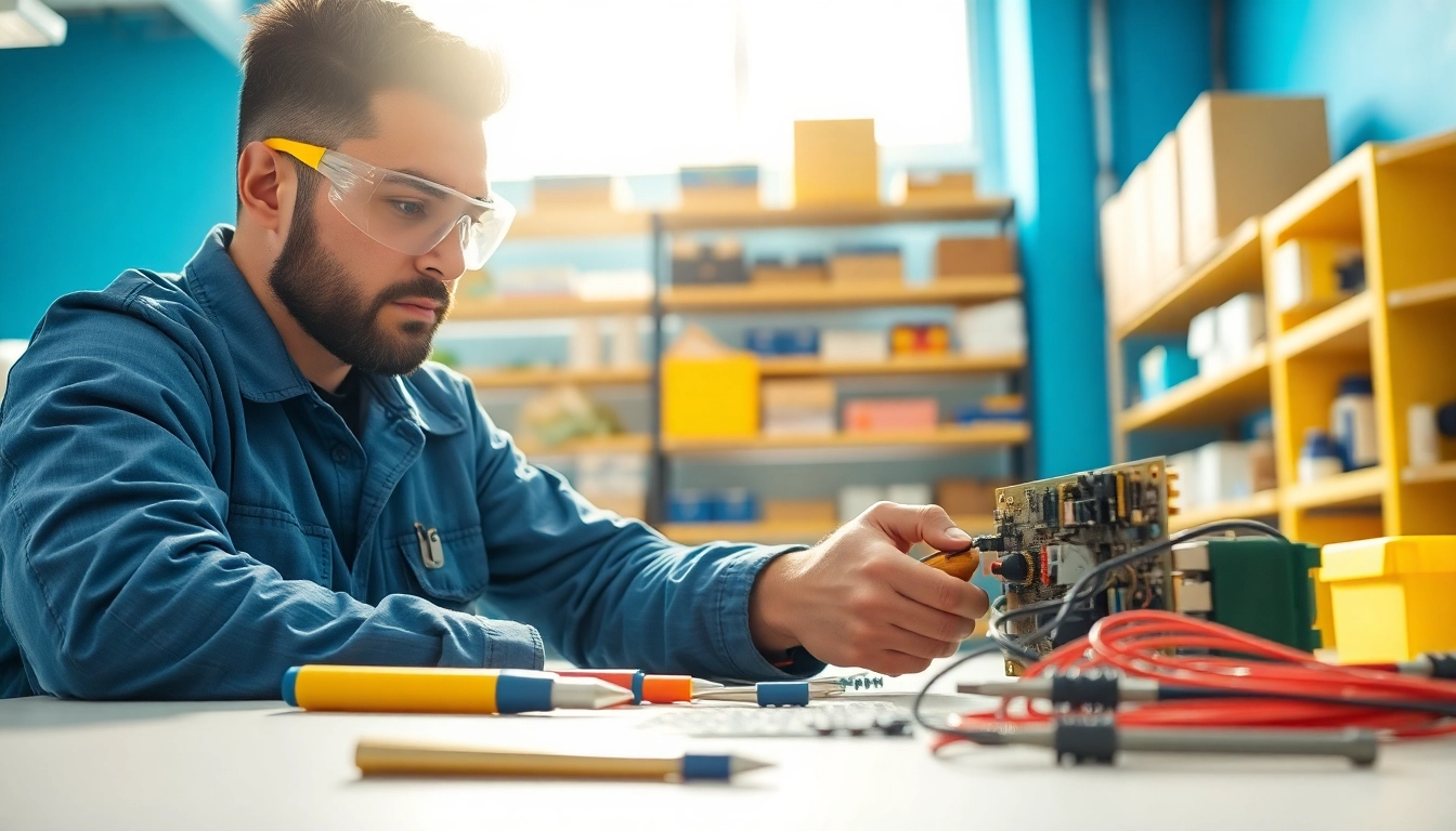 Electrician Clearwater working diligently on electrical systems in a bright workspace.
