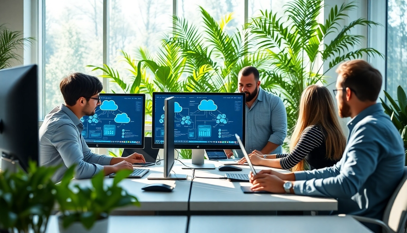 Showcasing Cloud infrastructure and DevOps services in a vibrant office with a collaborative team.