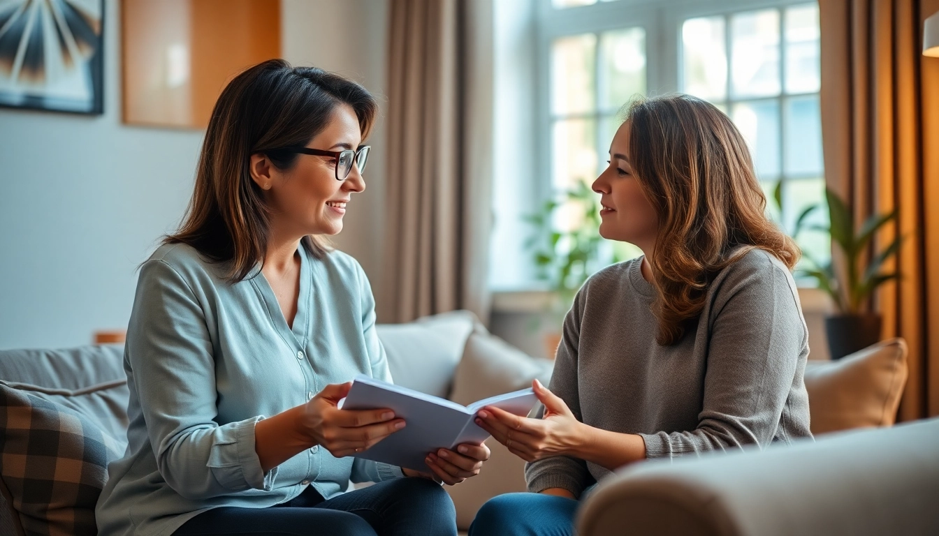 Engaged attachment theory specialist supporting a client in a calming therapy room.