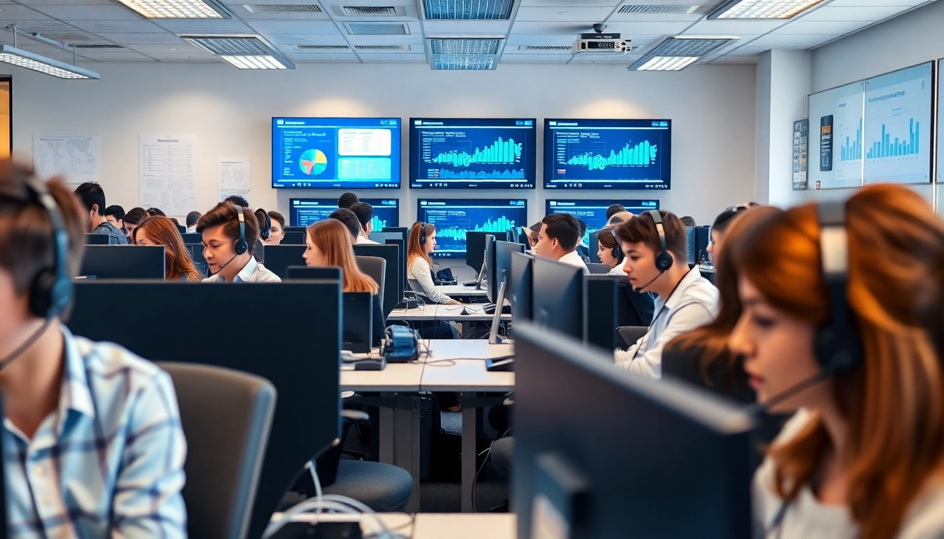 Explore Call Center Pricing in a vibrant, professional office setting showcasing engaged agents and data analytics.