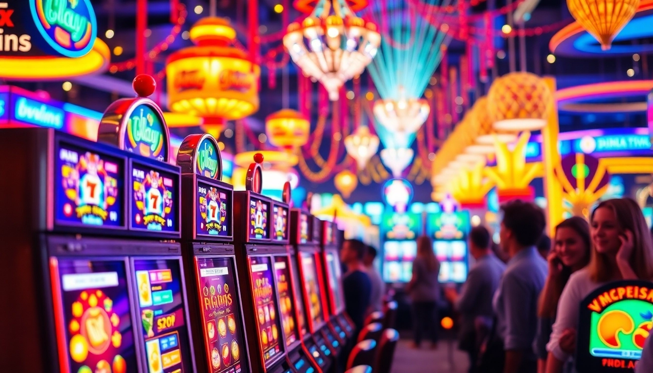 Permainan game slot yang menggembirakan dengan mesin slot berwarna-warni dan suasana kasino yang energetik.