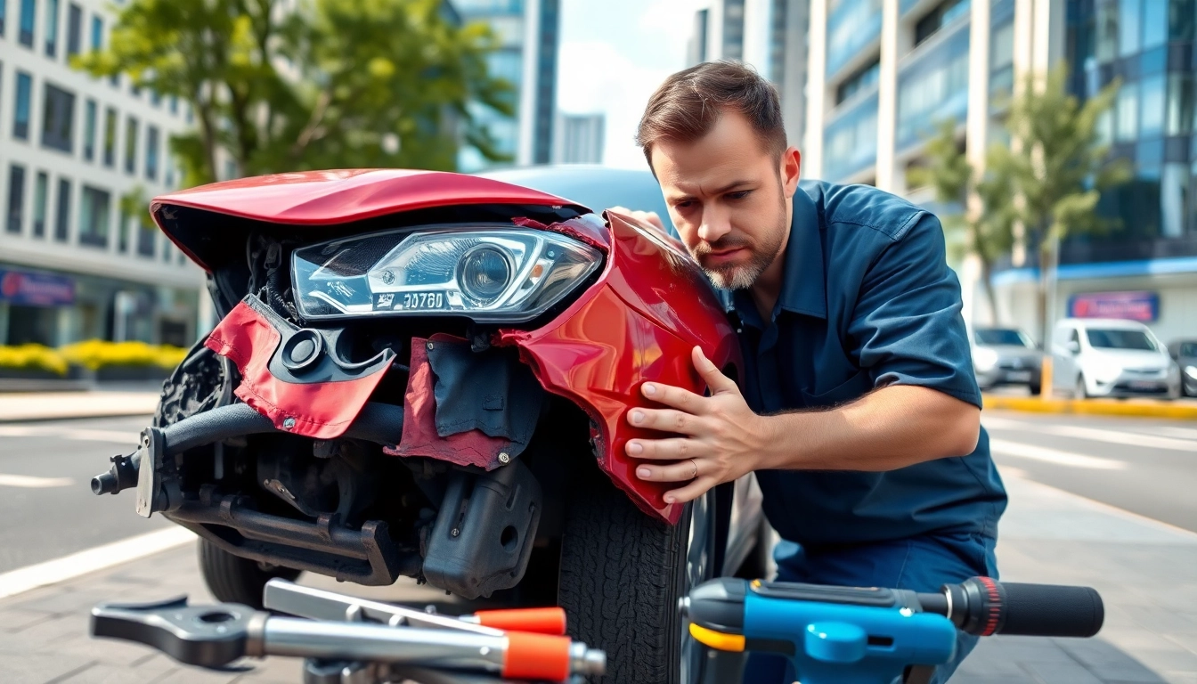 Skup samochodów powypadkowych Śląsk z profesjonalnym mechanikiem badającym uszkodzony pojazd.
