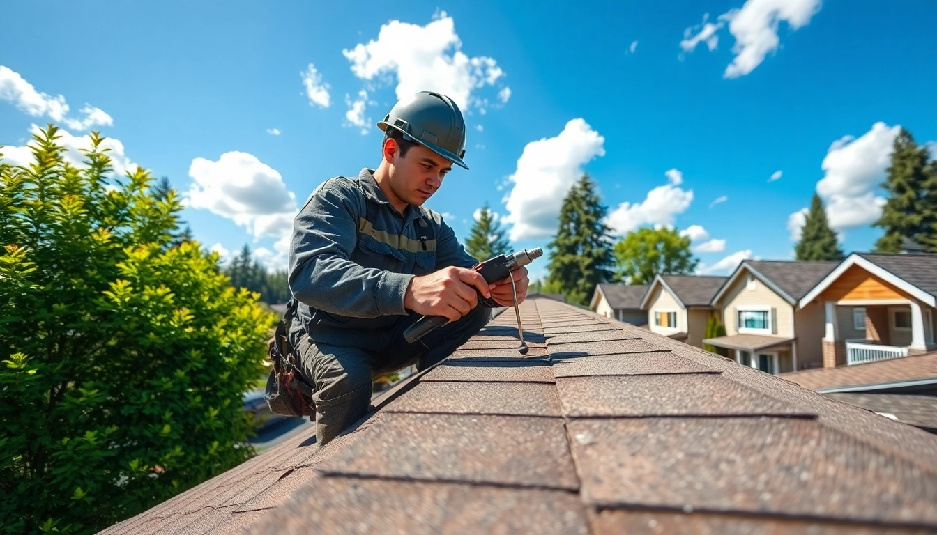 Roof repair Vancouver Wa technician inspecting shingles on a residential roof in bright daylight.