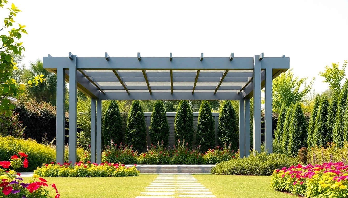 Admire this modern steel pergola enhancing a beautiful backyard garden.