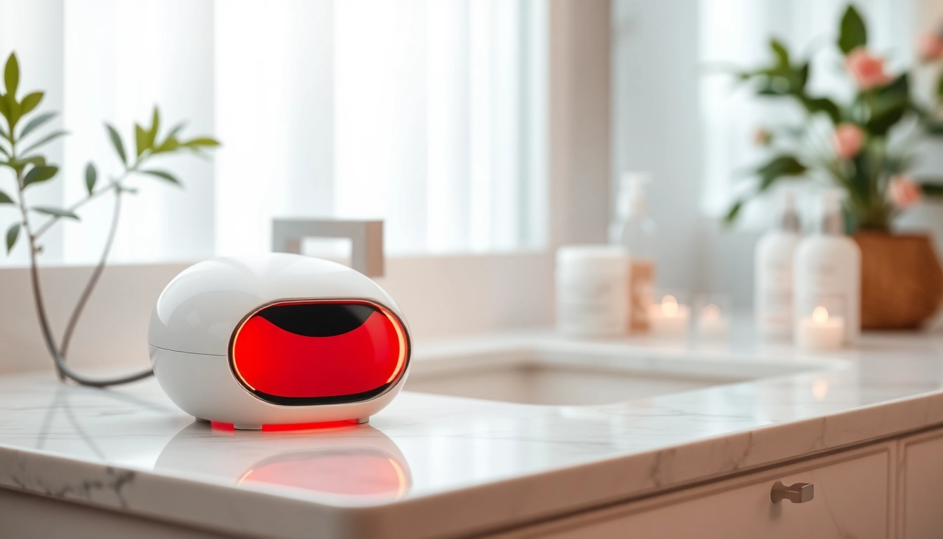 Showcasing the Quasar MD Plus device in a luxurious skincare setting, highlighting its glowing features.
