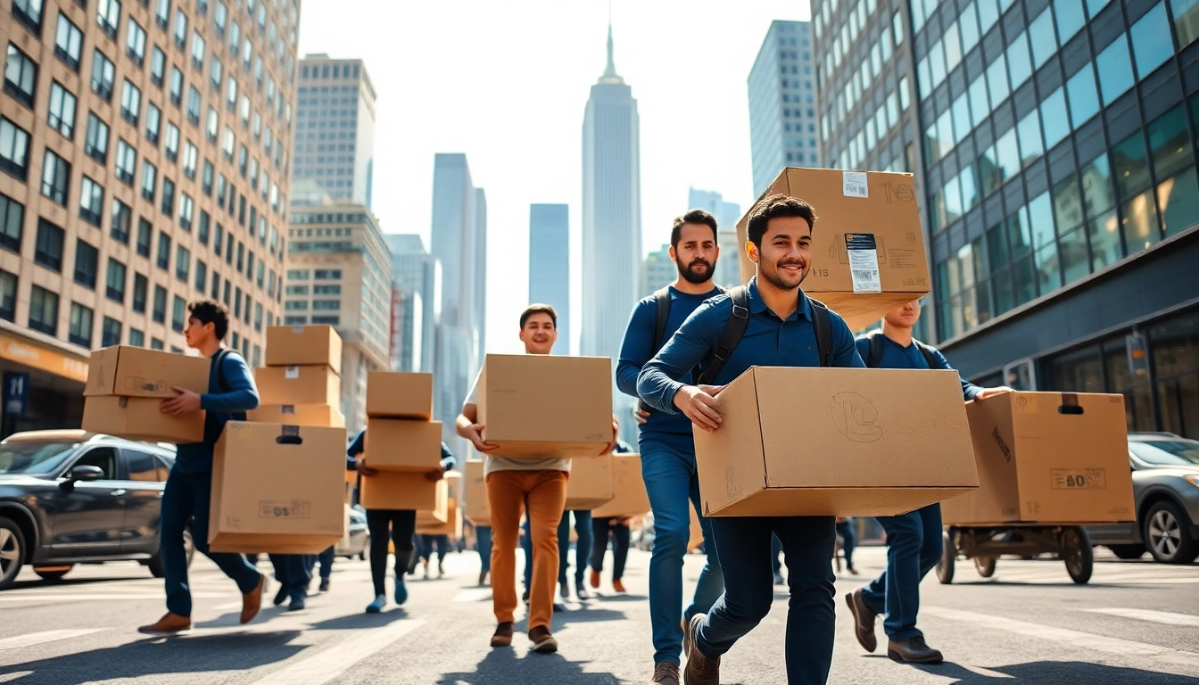 Skilled Manhattan movers handling boxes while showcasing the iconic NYC skyline