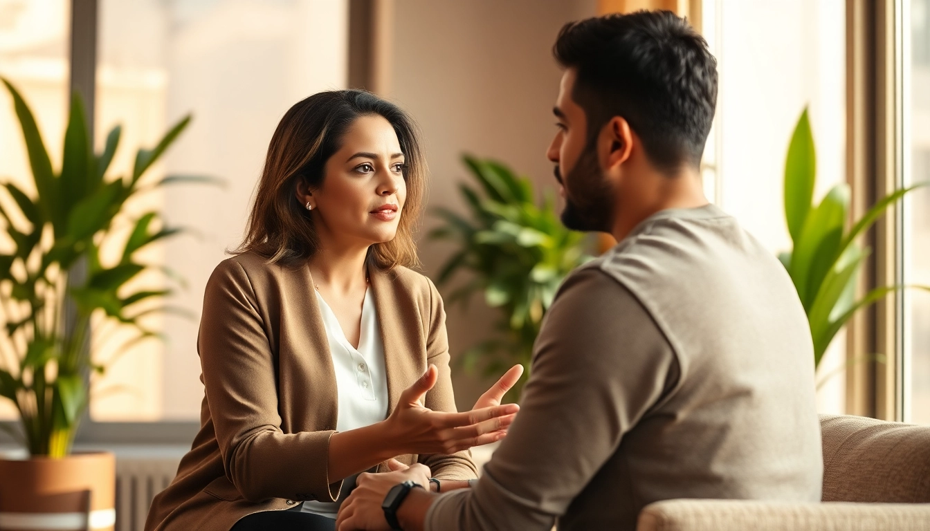 Engaging psychotherapy dubai session between a therapist and client in a serene office.