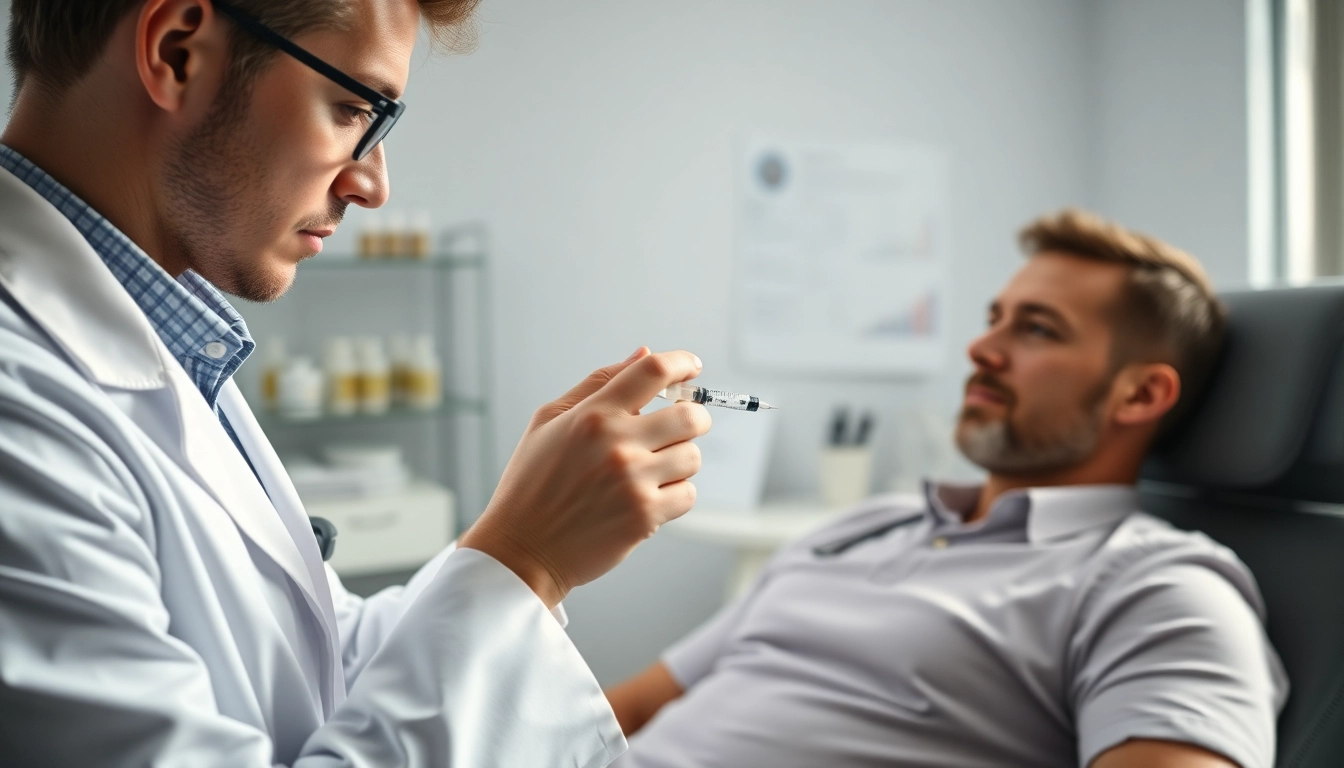 Administering testosterone shots in a professional medical setting with a healthcare provider.