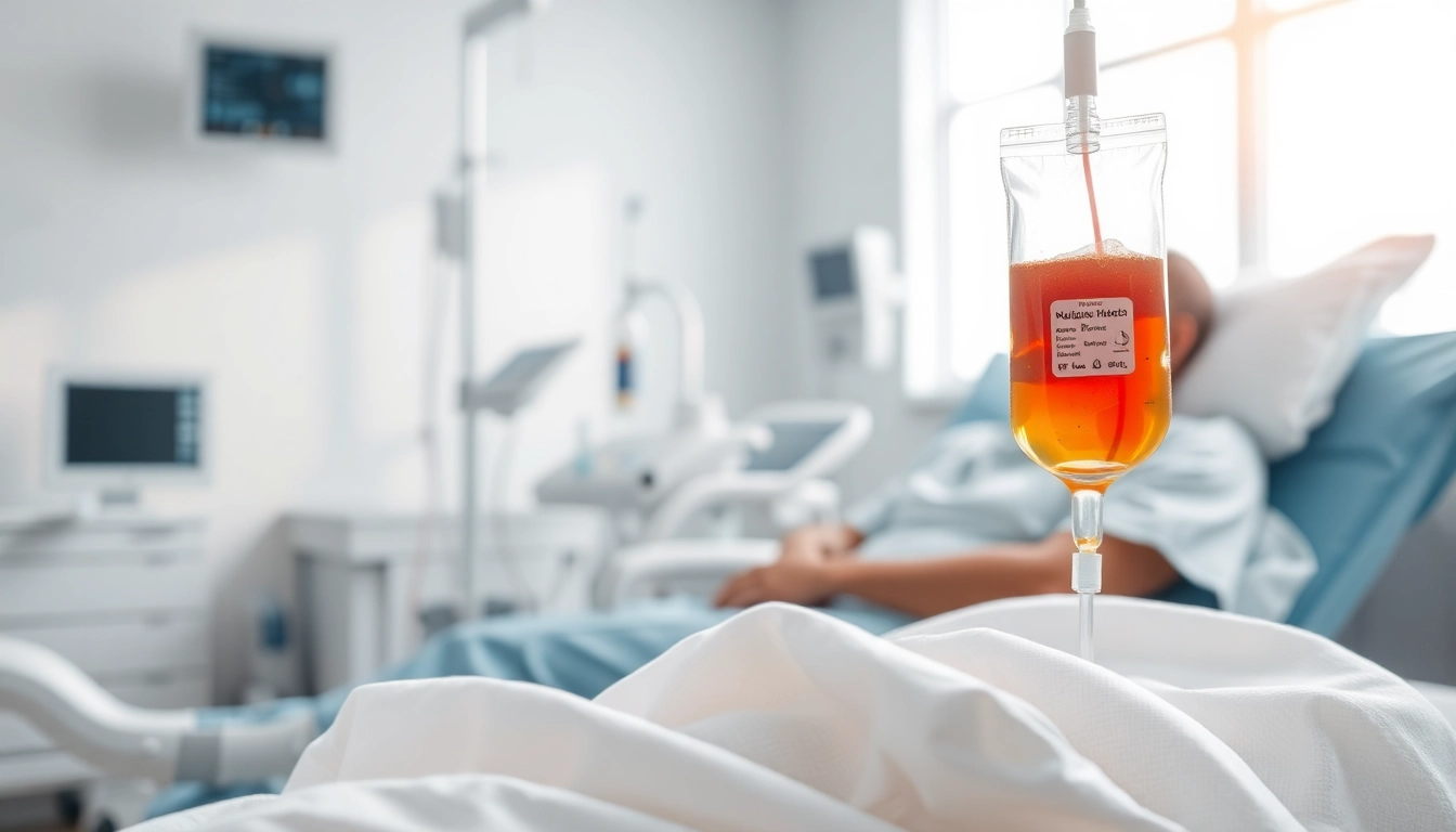 Patient receiving intravenous drip treatment in a professional healthcare setting.