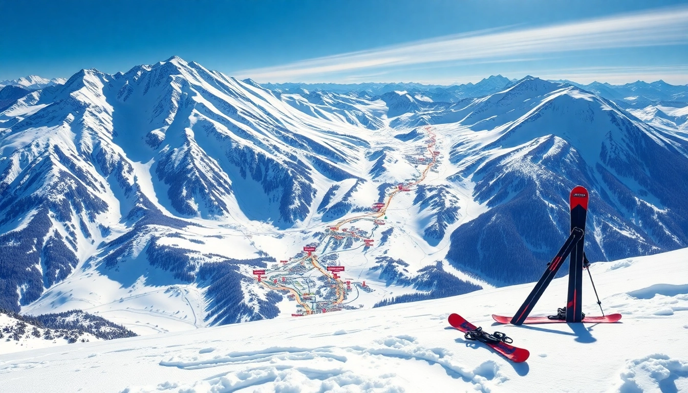 View of a detailed ski map of New Zealand showcasing ski trails and resort locations.