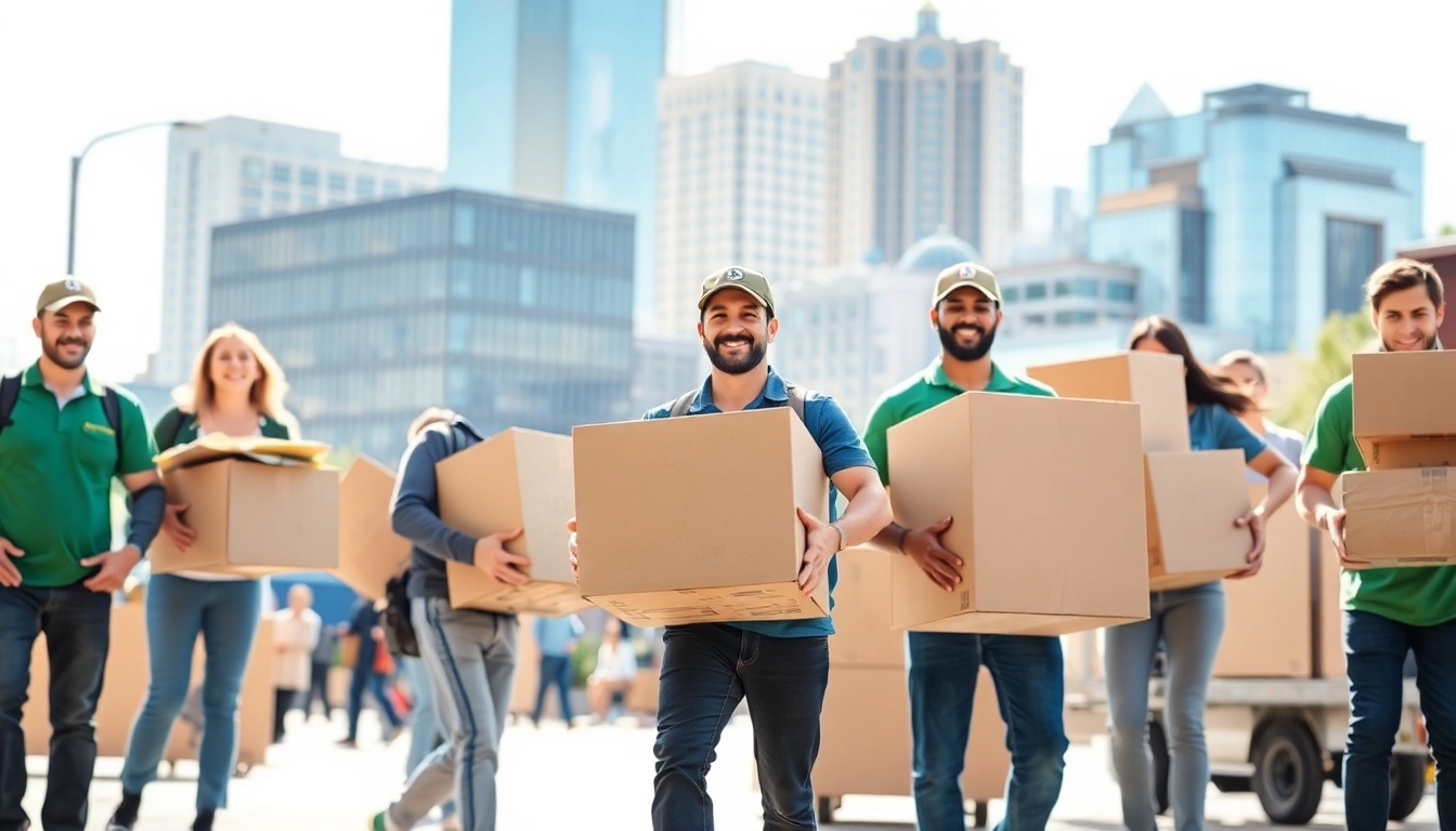 Movers Calgary team expertly handling furniture and boxes in an urban setting.