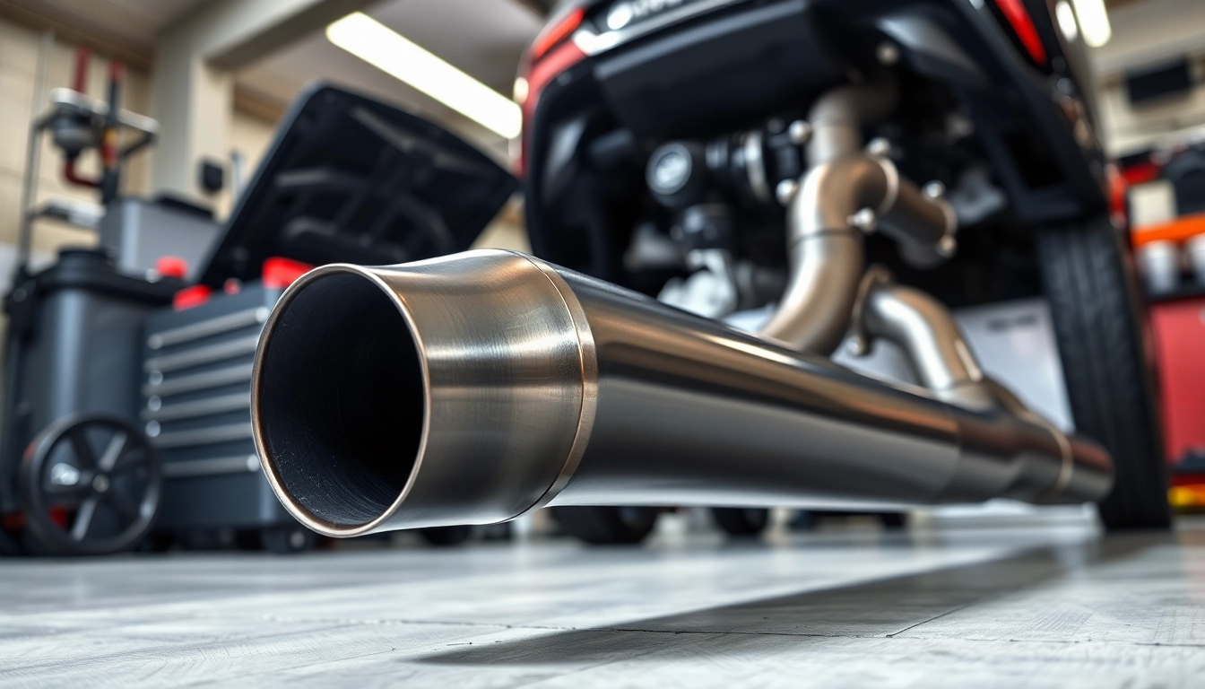 Inspecting the f80 downpipe for enhanced performance in a garage setting.