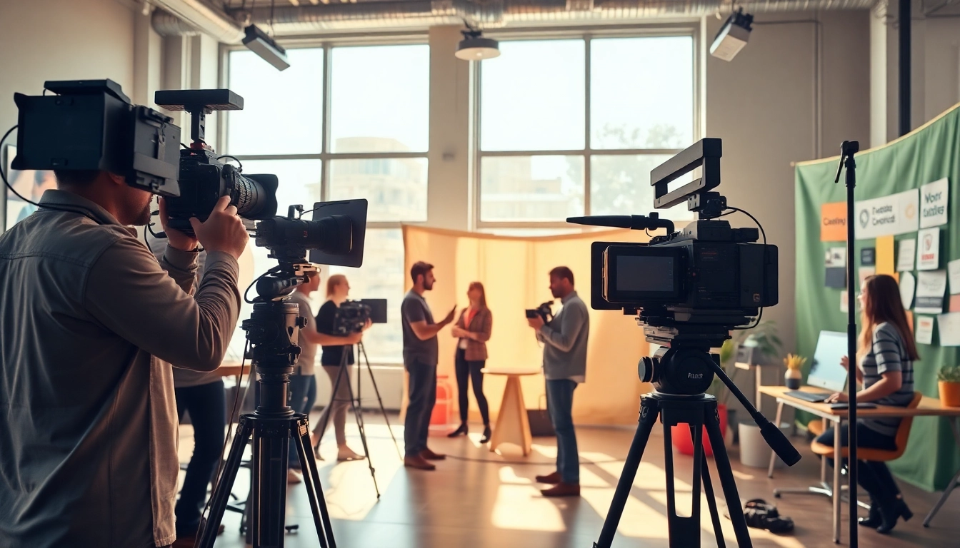 Engaging crowdfunding video production scene showcasing dynamic filming techniques in a studio.