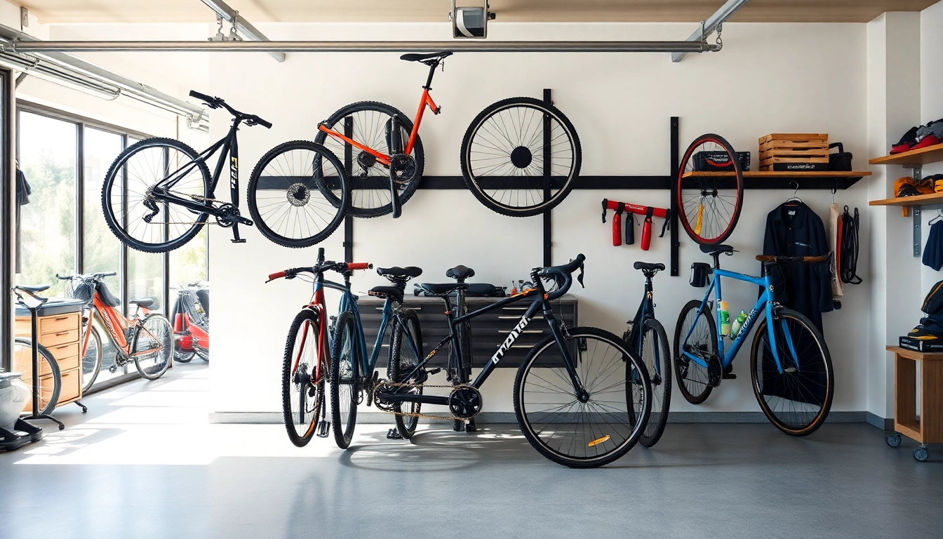 Organized bike rack for home displaying multiple bicycles in a modern garage setting.