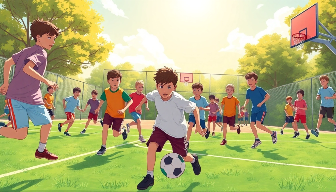 Excited boys participating in Multi Sports Camps for Boys, showcasing teamwork and athleticism.