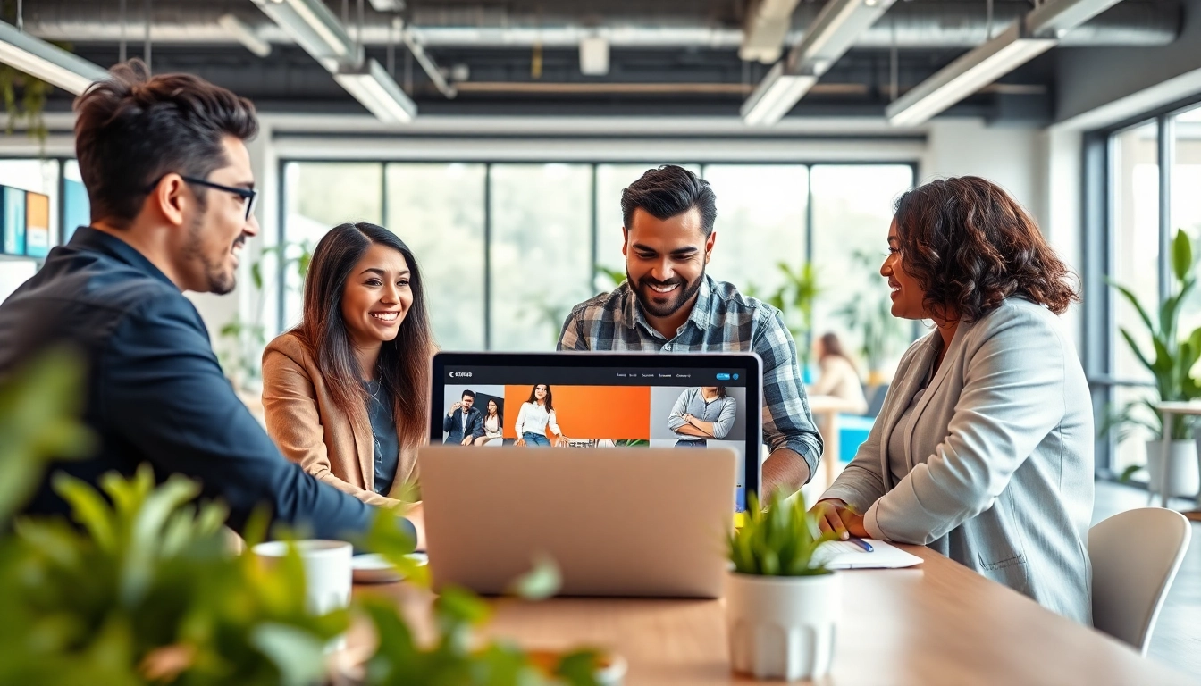 Showcase of professionals working together on website design and seo companies project in a bright office.