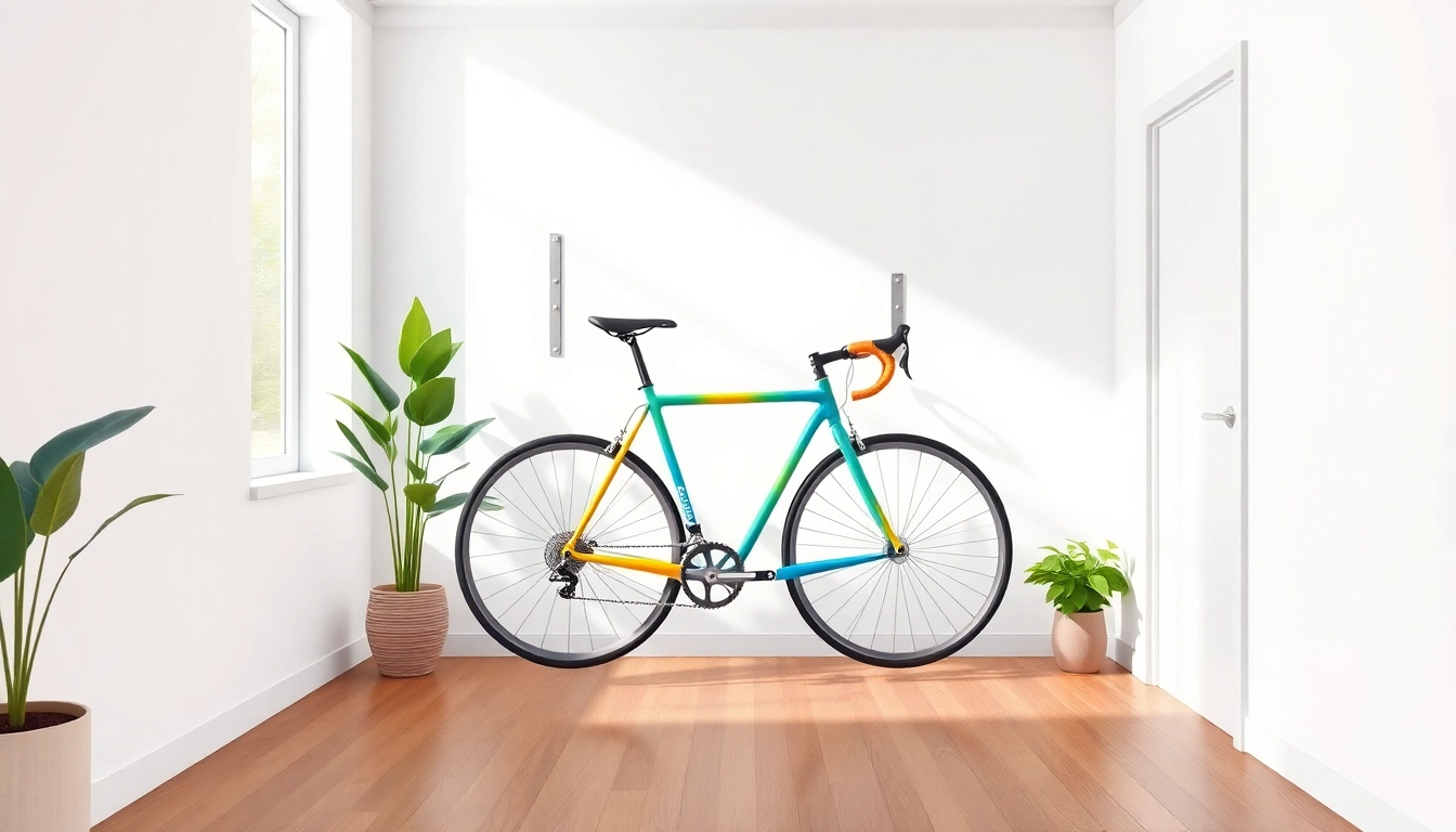 Showcasing an innovative Indoor bike storage solution with a modern wall-mounted rack in an apartment.