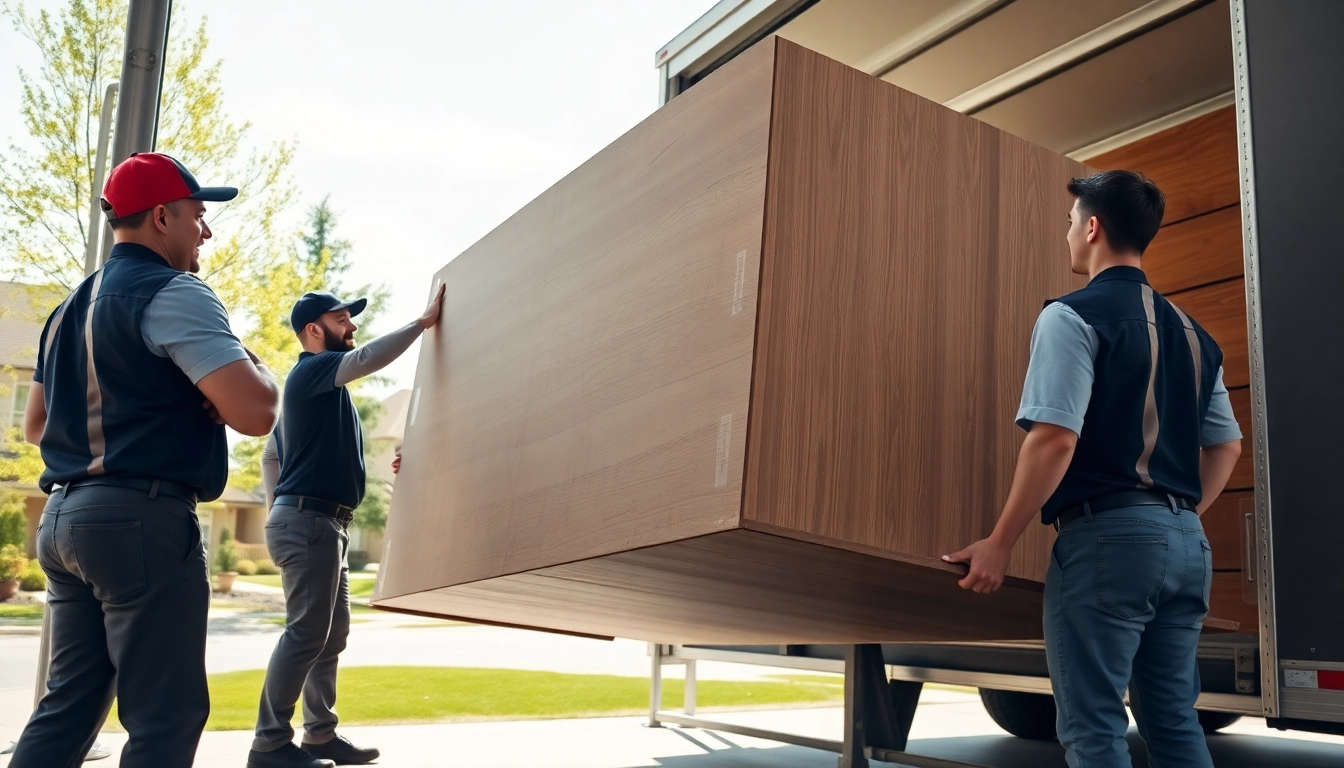 Movers Calgary team efficiently lifting furniture into a moving truck in a sunlit neighborhood.