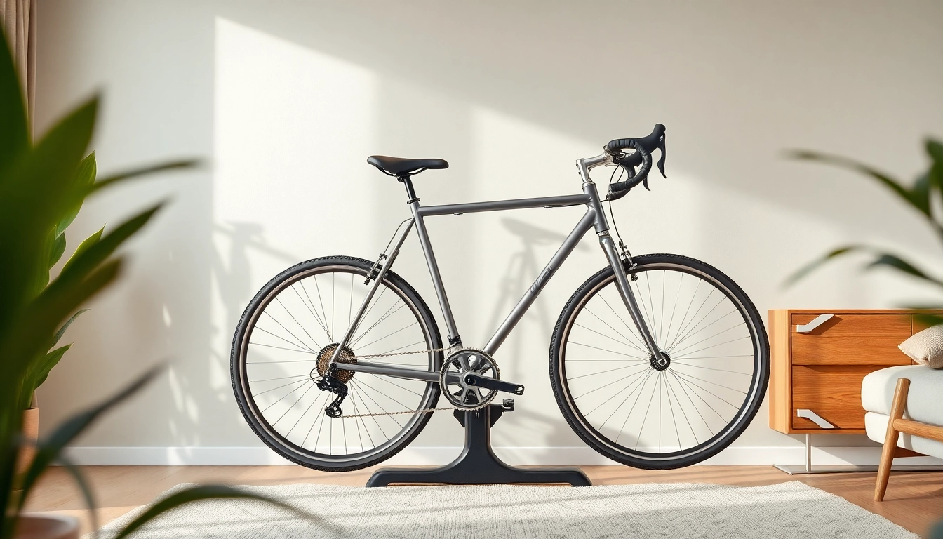 Showcase of a stylish bike rack elegantly holding a bicycle in a modern interior setting.