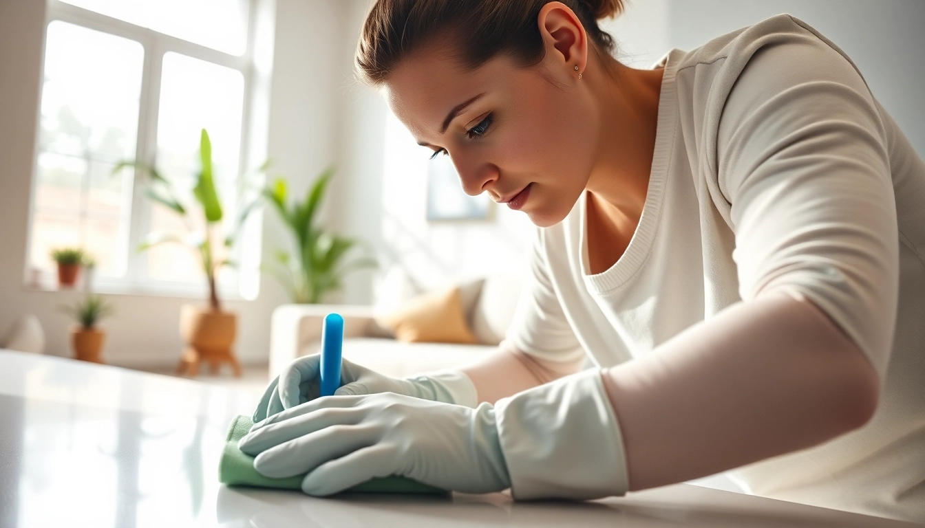 Bond cleaning in a spotless living room, highlighting a cleaner's diligent approach.